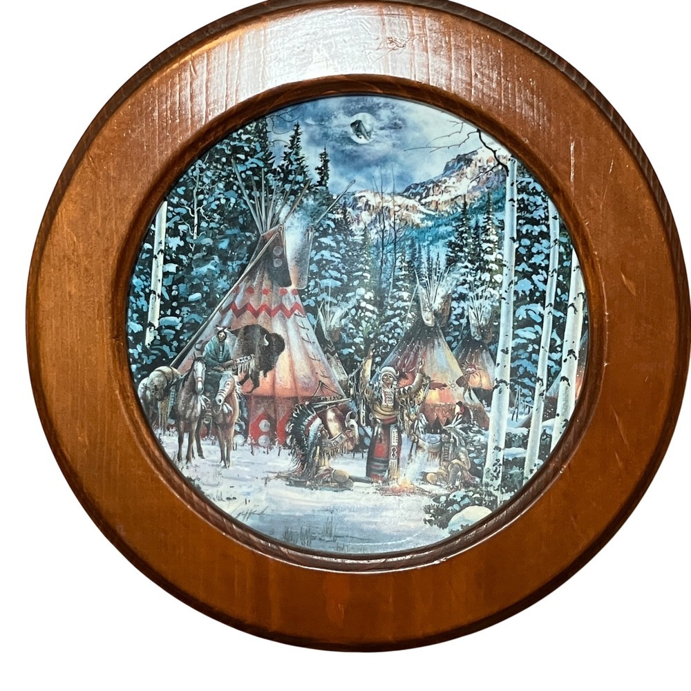 Bradford Exchange Before the Hunt Plate Kirk Randle Sacred Circle Wood Frame